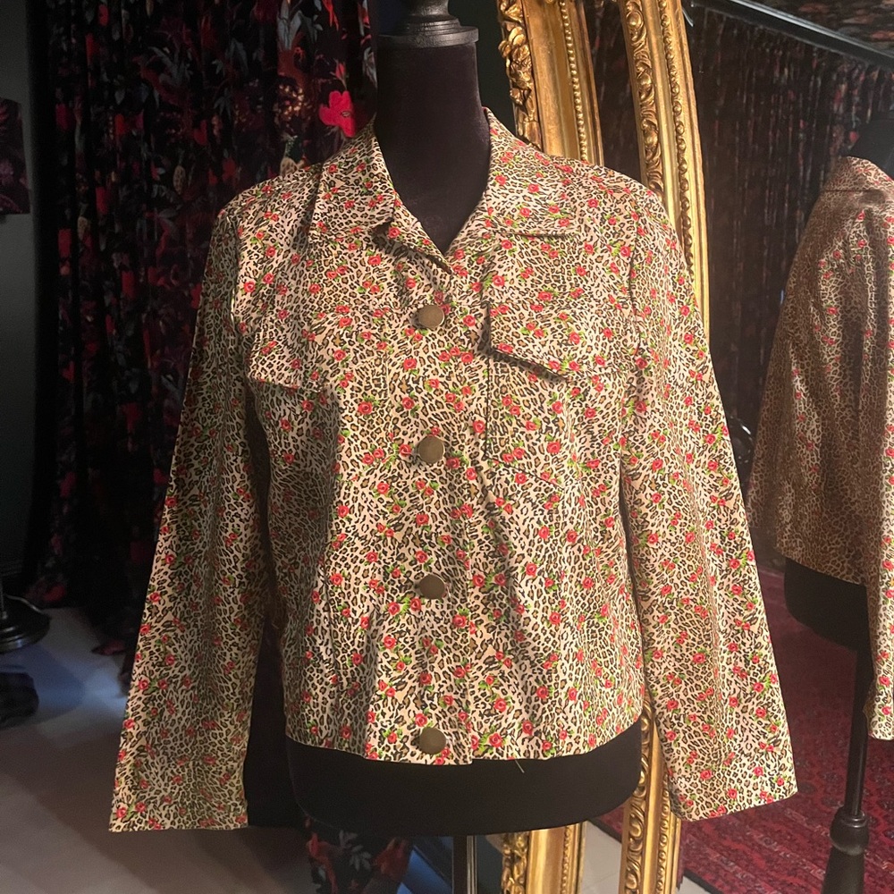 Vintage Cheetah Print with Floral Print Women's Button Up Jacket size small